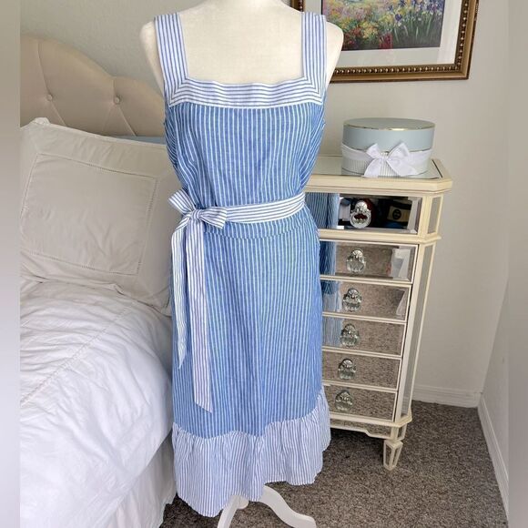 Talbots STRIPE TIE WAIST LINEN MIDI DRESS - Picture 1 of 8